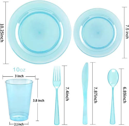 Vista 2 de WDF 25 platos azules para invitados con cubiertos desechables y vasos azules, vajilla de plástico transparente neón incluye 25 platos de cena
