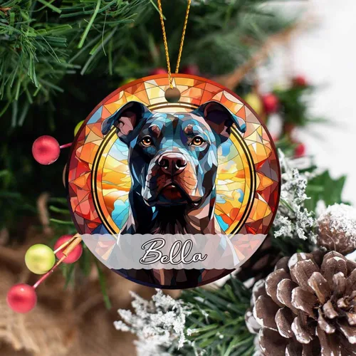 Vista 6 de Amstaff - Adornos personalizados para perros Amstaff para árbol de Navidad con nombre, adorno estilo vitral para perros, regalos para amantes
