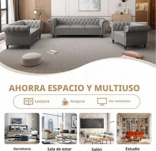 Vista 6 de QHITTY - Juego de 3 piezas para sala de estar, sofá seccional Chesterfield con silla contemporánea tapizada en cuero, sofás biplaza para sala