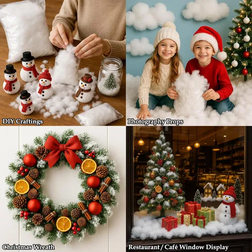 Vista 9 de Decoración de nieve falsa de Navidad, nieve artificial esponjosa, manta de nieve de algodón resistente a la llama para interiores, ideal para pueblo