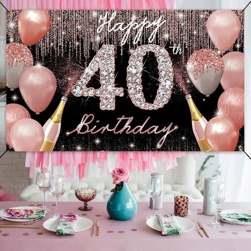 Vista 4 de Cartel de fondo de feliz cumpleaños 40, decoración de cumpleaños 40 para mujer, oro rosa, cartel de fiesta de cumpleaños de 40 años, cartel de fondo