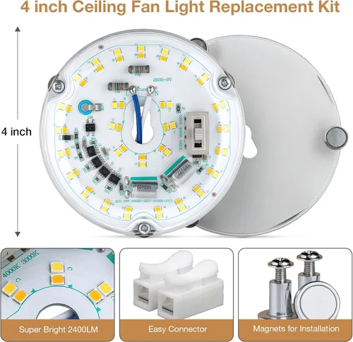 Vista 4 de Kit de Retrofit de Luz LED para Ventilador de Techo, 4 Pulgadas, Kit de Repuesto de Luz de Techo Motor PCB de Panel, 18W, 3CCT 3000K-4000K-5000K