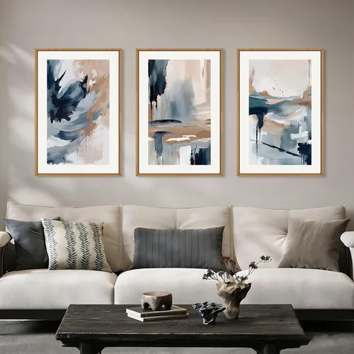 Vista 39 de Lienzo decorativo abstracto grande con marco naranja quemado, decoración de pared azul neutro y negro, arte moderno con pinceladas, impresión