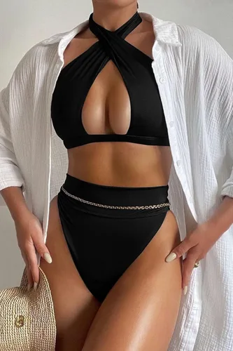 Vista 4 de QINSEN Conjunto de bikini de 2 piezas para mujer con parte delantera cruzada y cuello halter de corte alto