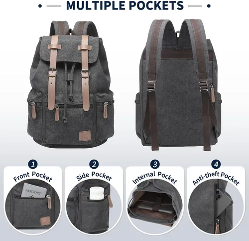 Vista 4 de DTGN Mochila de lona vintage para hombres y mujeres, mochila casual duradera con acento de cuero, se adapta a la universidad, trabajo, viajes y al
