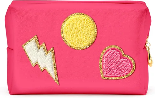 Vista 15 de LieToi - Bolsa de aseo pequeña con parche preparado, sonrisa, relámpago, corazón, arcoíris, de piel sintética, bolsa de maquillaje impermeable Azul