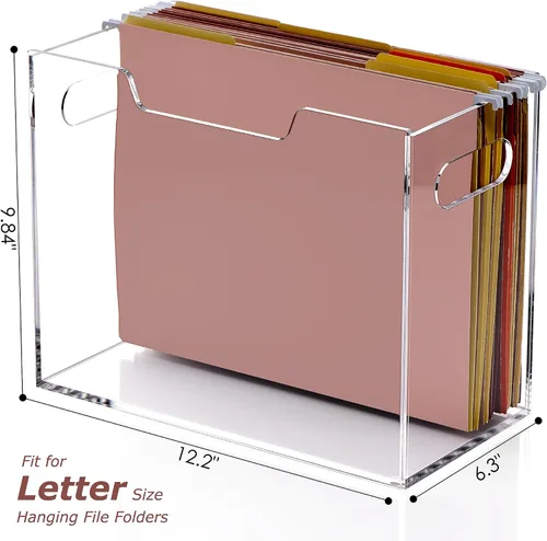 Vista 3 de DINGHUO Caja organizadora de carpetas de archivos de acrílico, organizador de archivos colgantes de tamaño carta, soporte transparente con asas