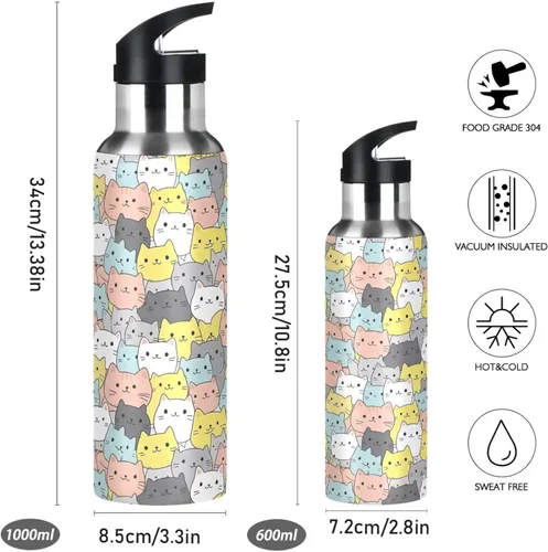 Vista 2 de BPA-Free Sports Water Bottle 20 Oz, Insulated Stainless Steel Water Bottle with Straw for Gym Outdoor Travel School, Cute Cats Colorful