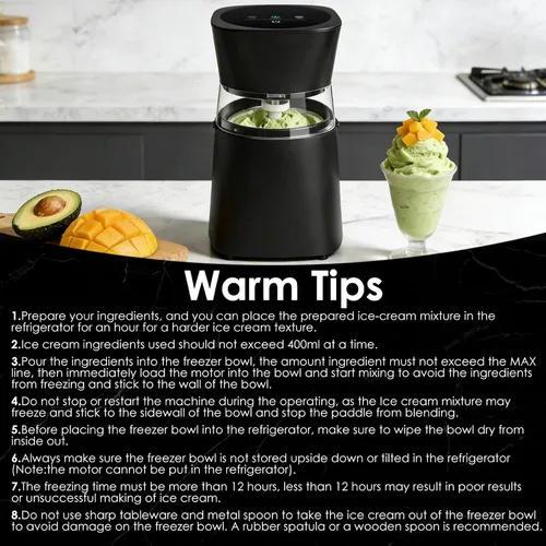 Vista 7 de KITOART Máquina para hacer helados, mini máquina eléctrica de alta calidad para helados, sorbetes y yogur congelado, funcionamiento de bajo ruido