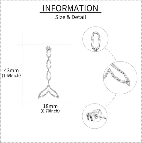 Vista 3 de EXRANQO Aretes colgantes de cola de sirena brillante de plata de ley 925 con circonita cúbica, regalo perfecto de joyería de cola de pez para niñas