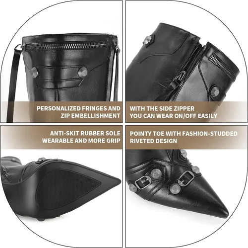 Vista 5 de Dsevht Botas altas hasta la rodilla negras de aguja para mujer, botas de tacón alto de moda con cremallera