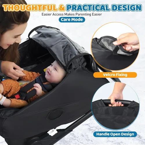 Vista 4 de Cubierta de invierno para asiento de bebé con ventana transparente, cubierta universal para asiento de coche con ventana con cremallera y Negro