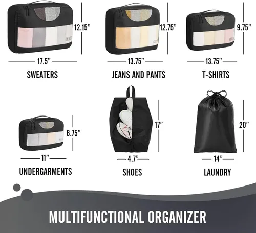 Vista 6 de Veken - Juego de 6 cubos de embalaje para maletas, bolsas organizadoras de viaje para equipaje de mano, juego de bolsas organizadoras de maleta
