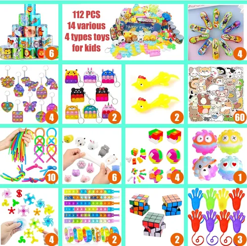 Vista 7 de 112 juguetes Pop Party Favors para niños, juguetes antiestrés de primera calidad para niños de todas las edades, surtido de rellenos de piñata