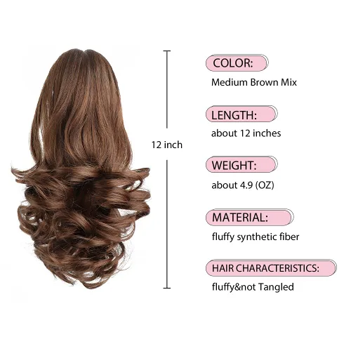 Vista 2 de Extensiones de cabello castaño para mujer, pinza de extensiones de cabello rizado de 12 pulgadas, extensiones de cabello sintético de cola