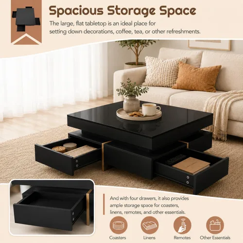 Vista 4 de Mesa de centro moderna con almacenamiento, mesa de centro cuadrada contemporánea con cajones, mesa central moderna de alto brillo para sala de Negro