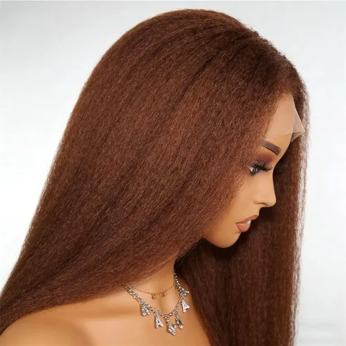 Vista 2 de Pelucas de cabello humano lacio tipo afro marrón con encaje frontal de 13 x 4, pelucas de cabello humano prearrancado con nudos invisibles, castaño