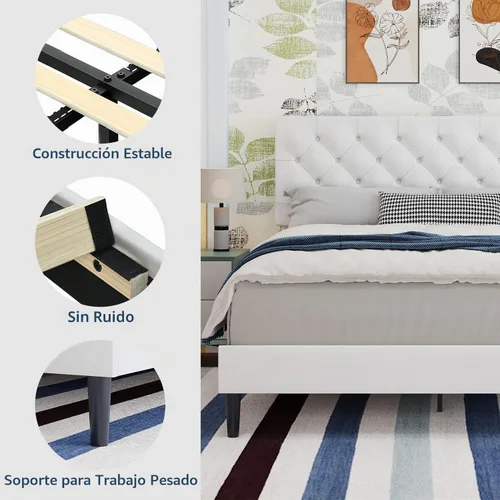 Vista 7 de BarnFurin Marco de cama tamaño completo con cabecero, cama de plataforma tapizada con cabecero acolchado con botones ajustables, marco de cama