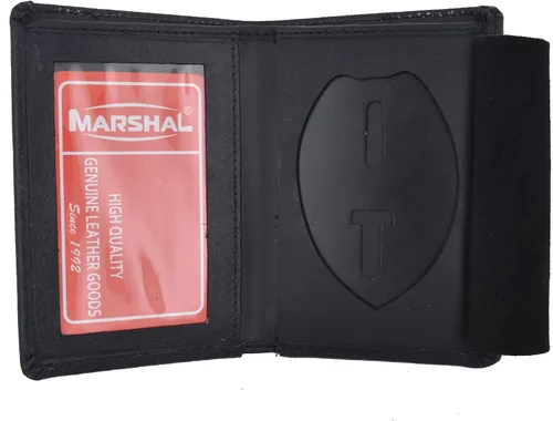 Vista 4 de Marshal Cartera de cuero genuino RFID delgada y delgada para identificación con tarjetero ovalado para tarjetas de identificación, Negro