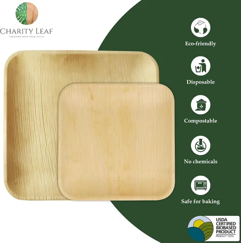 Vista 2 de Juego de 50 platos de hoja de palma Platos cuadrados de 25 x 10 pulgadas y 25 x 7 pulgadas Perfecto para fiestas, bodas y uso diario