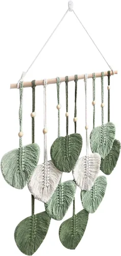 Vista 4 de Juaugusep Tapiz de macramé para colgar en la pared, tapiz tejido bohemio chic para decoración del hogar, moderno, hecho a mano, con plumas de hojas