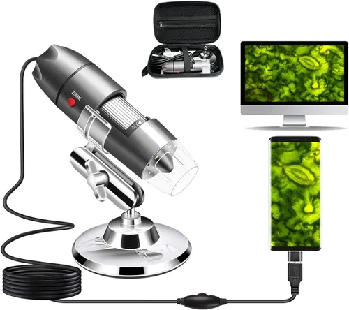Vista 9 de Microscopio USB con cámara y soporte y estuche de transporte, microscopio digital Cainda compatible con Android, Windows, Linux, Mac, lupa portátil