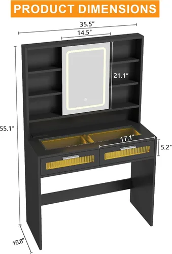 Vista 8 de Hadulcet Escritorio de tocador negro con espejo deslizante y luces LED, mesa de tocador de vidrio de 35.5 pulgadas con tomas de corriente, cajones