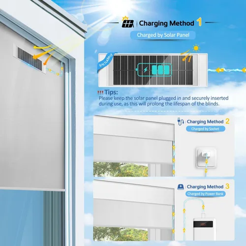 Vista 7 de Persianas eléctricas motorizadas de oscurecimiento con control remoto, panel solar, compatibles con Alexa - Blancas, 20 x 72