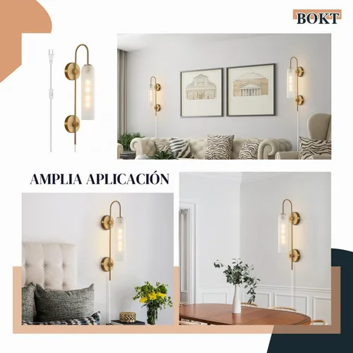 Vista 5 de BOKT Apliques de pared modernos de mediados de siglo con enchufe para interiores, largos, oro cepillado, vidrio blanco leche, apliques