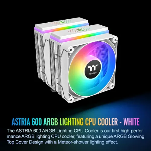 Vista 2 de Thermaltake Enfriador de CPU ASTRIA 600 ARGB; 6 tubos de calor de cobre; ventiladores PWM de 0.079 x 4.724 in; 500 ~ 1800 RPM; Torre dual