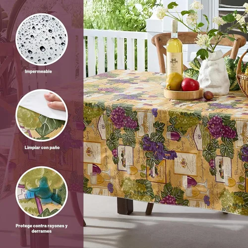 Vista 3 de Newbridge Mantel cuadrado de vinilo con parte trasera de franela de vinilo de 52 x 52 pulgadas, colorido estampado temático de vino y uva, fácil