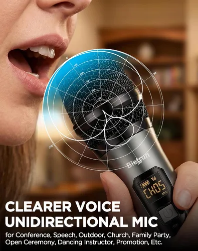 Vista 4 de Bietrun Micrófono inalámbrico, juego profesional de micrófonos UHF de metal, de mano, doble, inalámbrico, dinámico, con receptor recargable, salida