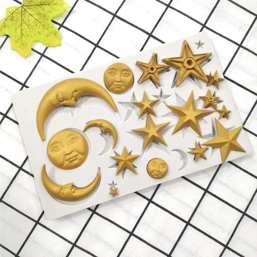 Vista 5 de Moon Stars Sun Face Molde de silicona para fondant, caramelo de chocolate, pasta de goma, herramienta de decoración de pasteles, herramientas