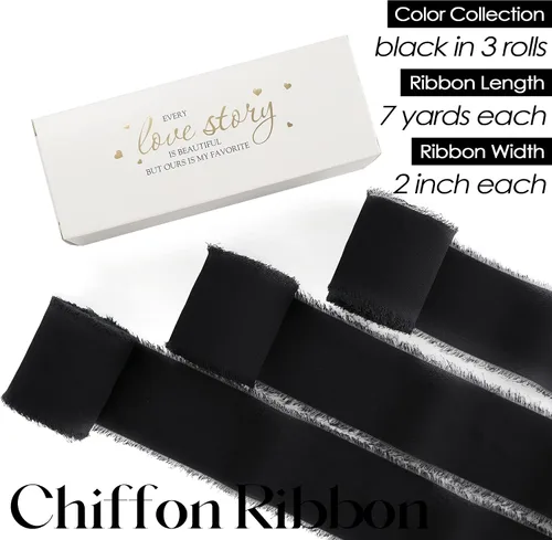 Vista 2 de MEEDEE Cinta de gasa negra de 2 pulgadas con flecos, cintas de gasa deshilachadas negras para manualidades, cinta de gasa de seda para envolver Negro