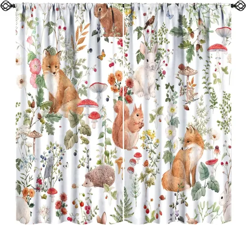Vista 17 de Cortinas opacas de dibujos animados de animales de bosque naranja, zorro, flores, luna, hojas azules, arte abstracto, niños y niñas, decoración