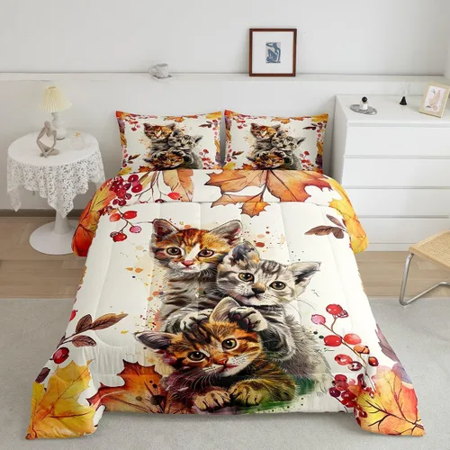 Vista 23 de Juego de edredón de calabaza de otoño, tamaño individual, juego de ropa de cama de hojas de arce para niños y niñas, cosecha de otoño, fruta