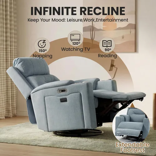 Vista 7 de Silla reclinable giratoria eléctrica con reposacabezas y lumbar ajustables, mecedoras eléctricas para cuarto de bebé con espacio de almacenamiento