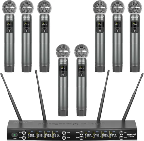 Vista 2 de Phenyx Pro Juego de micrófono inalámbrico de 8 canales PTU-4200-8H incluido con estuche de rack poco profundo 4U PRCSE-4U