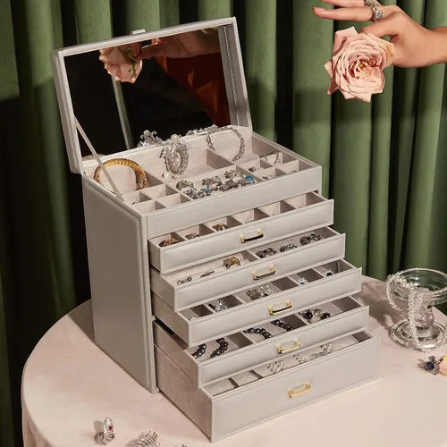 Vista 2 de Vlando Enormes cajas de joyería de 6 niveles, aretes de cuero, anillos, collar, organizador de relojes, caja para mujeres, niñas, hombres, armarios