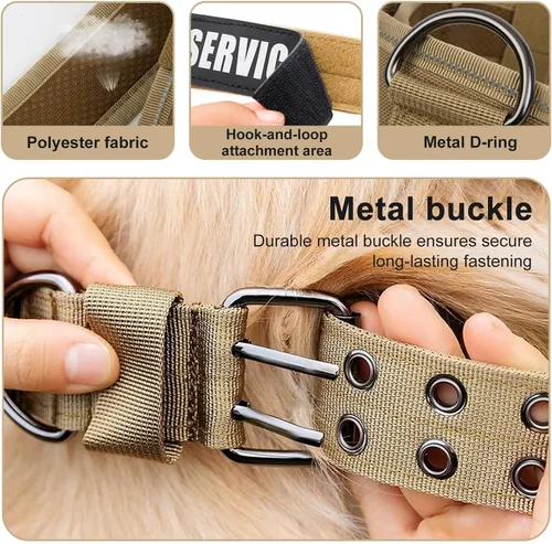 Vista 2 de Collar táctico personalizado para perro con parches de nombre y números, collar personalizado resistente con hebilla de cinturón de metal de 2 pines