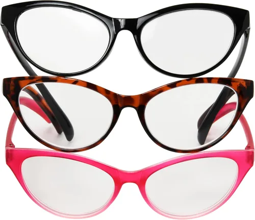 Vista 4 de Betsey Johnson Women's Fairisle 3 Pack Reading Glasses Cat Eye, Black, Tortoise, Pink Gradient, 1.5X + 1.5