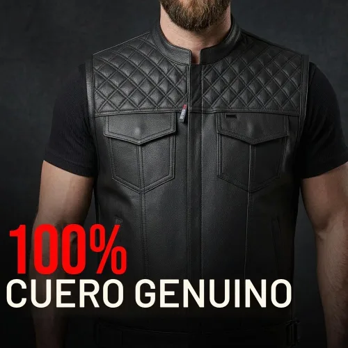 Vista 5 de SOA Men's Motorcycle Vest, Genuine Buffalo Leather, Back Armor Negro