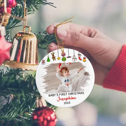 Vista 5 de Agregar foto Adorno de cerámica de la primera Navidad del bebé 2025, imagen personalizada del primer árbol de adorno de Navidad del bebé, adorno