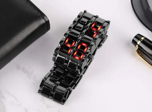Vista 5 de FANMIS Reloj deportivo simple para hombre, estilo binario, electrónico, digital, LED, aleación de lava, rectangular, reloj de cadena