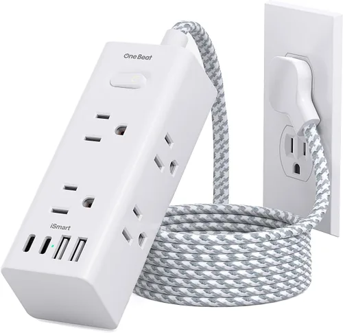 Vista 15 de One Beat Cable de extensión corto de 1 pie, regleta de alimentación de enchufe plano, protector de sobretensiones – 6 salidas amplias con 4 puertos