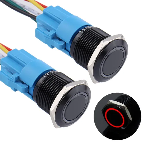 Vista 8 de 2 piezas de interruptor de botón de presión momentáneo de 16 mm 12V-24V LED de anillo 1NO 1NC impermeable (ON)-Apagado Cáscara de botón de metal
