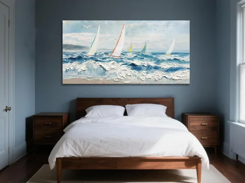 Vista 6 de Enartly Arte de pared texturizado 3D con ondas oceánicas para sala de estar, paisaje marino azul, velero, lienzo, pintura costera, obra de arte