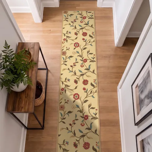 Vista 18 de Ottomanson, colección OttoHome, tapete para corredor con diseño azul claro y damasco (antiderrapante), parte trasera de goma Floral Beige