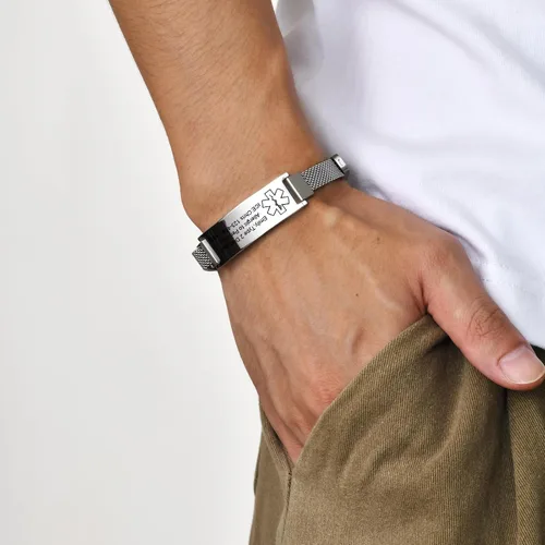 Vista 3 de VNOX Pulsera de identificación de alerta médica para hombres y mujeres, pulseras de alerta médica con grabado personalizado para mujeres y hombres