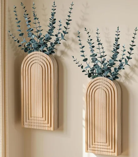 Vista 12 de DREAMLOOM Paquete de 2 jarrones de pared de madera con plantas artificiales de eucalipto, macetas para colgar en la pared, estilo bohemio y moderno